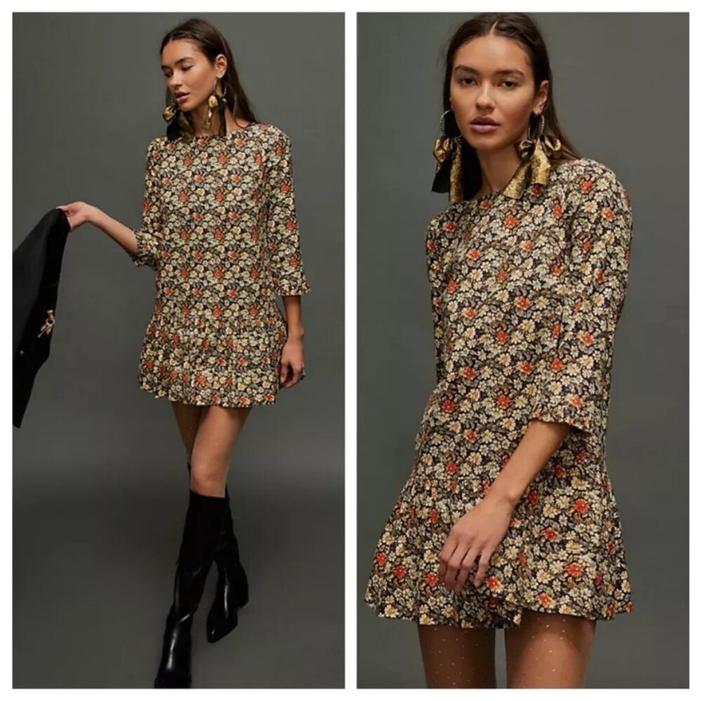 Free People Floral Mini Dress - Black and Orange